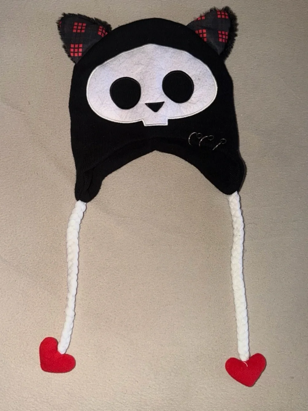 Hot Topic Black and White Skull Cat Ear Beanie with Red Heart Accents